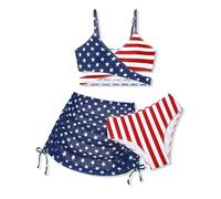 Girls Swimsuits 3 Pieces Printed Criss Cross Bikini Set with Concealed Skirt Beach Swimwear 7-16 Years, Red, White and Blue #4th of July, 11-12 Years