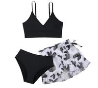 Girl's Swimsuits Bikini Set Bathing Suit with Cover Up Cross Color Matching Crop Top Brazilian High Waisted Ribbed Swimsuit 2/3 Pieces Hawaiian Tankini for Teen Junior Black
