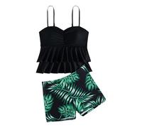 Girl's Swimsuits Bikini Set Swimsuit Tops Briefs Cover-Ups Twist Cross Sets with Tropical Cover Up Skirts Bathing Suit Kids V Neck Hawaiian Tankini for Teen 9-16 Years Black