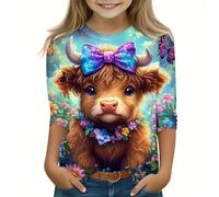 Girls T Shirts Girls' T-Shirts Cute Print Fashion Round Neck 3/4 Sleeve Short Sleeve Blouses Soft Breathable Summer Pullover Tops Yellow T Shirt 11-12 Years