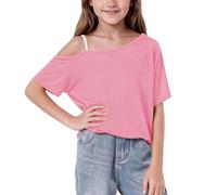 Girls T Shirts One Shoulder Short Sleeve Tops Soft Breathable Kids T-Shirts Loose Fit Casual Summer Top for Birthday Parties Shopping Trips Pink 5 Years