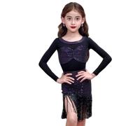 Girl's Tango Latin Dance Dress Long Sleeved Sequin Dance Costumes for Practicing Rumba Samba Cha-cha Tango Birthday Party or Fancy Dress Competition,Black,130cm