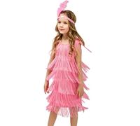 Girls Tassel Latin Dance Dress Classic Sleeveless Competition Perform Outfit with Elastic Sequin Headband Pink 7-9 Years 2024