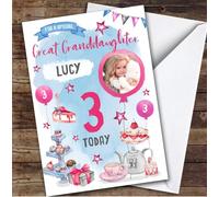 Girl's Tea Party Photo Great Granddaughter 3rd Birthday Personalised Card - Personalised Birthday Greeting Card For Kids, Custom Birthday Card