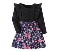 Girls Toddler Cute Outfits Clothing Set Girls' Autumn Ruffled Top Flower Dark Blue Skirt Floral Print Skirt Solid Color Top Casual Suit (Blue 5-6 Years)
