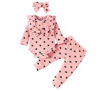 Girls Toddler Cute Outfits Clothing Set Infant Baby Girls Two-Piece Sets Heart Print Ribbed Bow Romper Tops+ Pants Headband Outfits Clothes 3PCS Set (Pink 9-12 Months)