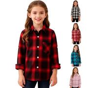 Girls Toddlers' Flannel Button Down Shirts Boys Casual Long Sleeve Plaid Flannel Button-Down Shirts Children Classic Cotton Checked Tops Lapel Pocket Regular Fit Outfit (Watermelon Red, 11-12 Years)