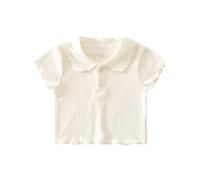 Girls Top Ribbed Knit Fabric Ruffled Peter Pan Collar Blouse Button Up Short Sleeve Shirts for Toddler Summer Playdates Back to School Layering Trendy Beige 5 Years
