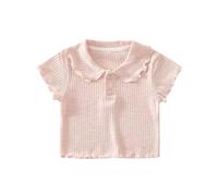 Girls Top Ribbed Knit Fabric Ruffled Peter Pan Collar Blouse Button Up Short Sleeve Shirts for Toddler Summer Playdates Back to School Layering Trendy Pink 5 Years