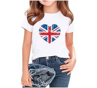 Girls Tops 3-11 Years Union Jack Girls T Shirts British National Flag Printed Blouse Child Short Sleeve Teen Costume Crew Neck Loose Fit Tees Tunic Kids Clothes