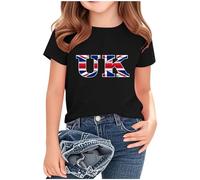 Girls Tops Summer Union Jack Girls T Shirts British National Flag Printed Blouse Loose Fit Tees Child Short Sleeve Teen Costume Crew Neck Tunic Kids Clothes #05Black 13 Years