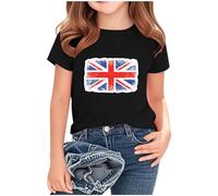 Girls Tops Summer Union Jack Girls T Shirts British National Flag Printed Blouse Loose Fit Tees Child Short Sleeve Teen Costume Crew Neck Tunic Kids Clothes #04Black 13 Years