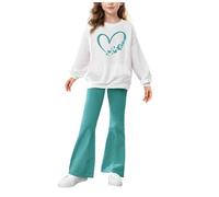 Girls Tracksuit Clothes Set 2 Piece Long Sleeve Round Neckline Heart Printed Sweatshirt Solid Colour Elasticated High-Waisted Flared Trousers Outfits Casual Comfortable Fall (White, 13-14 Years)