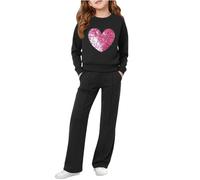 Girls Tracksuit Sequin Heart Shape Outfit, Kids Comfy Sweat Sets Pullover & Baggy Joggers Two Piece Outfit Girl Lounge Wear Co Ord Active Clothing Black 7 Years