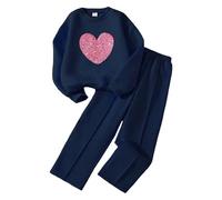 Girls Tracksuit Set 7-12 Years Long Sleeve Hearts Print Sweatshirt & Wide Leg Pants Outfit, Comfy Winter Spring Fall Lounge Wear