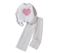 Girls Tracksuit Set 7-12 Years Long Sleeve Hearts Print Sweatshirt & Wide Leg Pants Outfit, Comfy Winter Spring Fall Lounge Wear