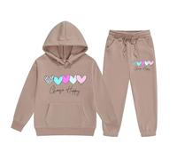Girls Tracksuit Set Choose Happy Kids Long Sleeve Hoodie Sweatshirt and Trousers Outfits Sets for Girls Trendy Spring Winter Comfy School Casual Jogging Athletic Age 3-14 Years (Khaki, 12-13 Years)