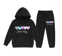 Girls Tracksuit Set Choose Happy Kids Long Sleeve Hoodie Sweatshirt and Trousers Outfits Sets for Girls Trendy Spring Winter Comfy School Casual Jogging Athletic Age 3-14 Years (Black, 12-13 Years)