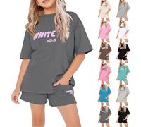 Girls Tracksuit Set Kids Trendy T-Shirt + Shorts 2 Piece Outfit Summer Fashion Letter Print Tops Loose Jogger Y2k Activewear Sweatshirt Gym Set UK Beige