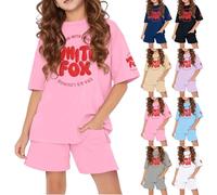 Girls Tracksuit Set Kids Trendy T-Shirt + Shorts 2 Piece Outfit Summer Fashion Letter Print Tops Loose Jogger Y2k Activewear Sweatshirt Gym Set UK