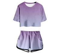 Girls Tracksuit Set Kids Trendy T-Shirt + Shorts 2 Piece Outfit Summer Fashion Short Sleeve Letter Print Tops with Loose Jogger Shorts Y2k Activewear Casual Sweatshirt Gym Set UK Purple