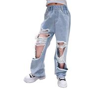 Girls Trendy Bottoms Teen Kids Elastic Waist Cool Ripped Jeans Washed Denim Pants Wide Leg Baggy Bottoms for Girl Casual Streetwear with Holes and Pockets (Light Blue, 11-12 Years)