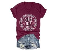 Girl's Trip 2025 Shirts for Women V-Neck Drinking Girl Vacation Weekend Matching Tshirts Summer Graphic Tees Top 2025 New Red