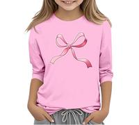 Girls Tshirts 3/4 Sleeve Bow Tie Graphic Tee Shirts, Kids Casual Crewneck Comfy Basic Shirts Printed Cute Preppy Clothes Holiday Lounge Wear Pink 9 Years