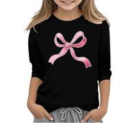 Girls Tshirts 3/4 Sleeve Bow Tie Graphic Tee Shirts, Kids Casual Crewneck Comfy Basic Shirts Printed Cute Preppy Clothes Holiday Lounge Wear Black 13 Years