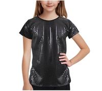 Girls' Tshirts Sequin Sparkly T-Shirts Short Sleeve Shiny Tops Wiht Round Neck Kids Soft Breathable Comfy Tees Birthday Party Guest Wear Black 15 Years