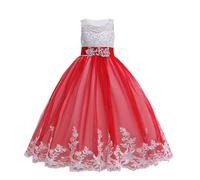 Girls’ Tulle Dresses Flower Lace Pageant Party Wedding Formal Dance Evening Gowns Girl Flower Lace Princess Tulle Long Dress for Kids Prom Formal Pageant Dance Gown #B-Red 16-17 Years