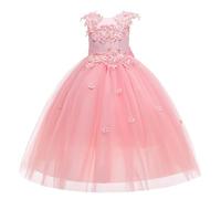 Girls’ Tulle Dresses Flower Lace Pageant Party Wedding Formal Dance Evening Gowns Girl Flower Lace Princess Tulle Long Dress for Kids Prom Formal Pageant Dance Gown #A-Pink 8-9 Years