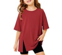 Girls Tunic Style Oversized Tee Drop Shoulder Relaxed Fit Soft Breathable Stretch Crew Neck Half Sleeve Side Split Hem Top Wine Red Age 9-10