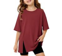 Girls Tunic Style Oversized Tee Drop Shoulder Relaxed Fit Soft Breathable Stretch Crew Neck Half Sleeve Side Split Hem Top Wine Red Age 10-11