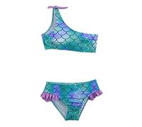 Girls Two-Piece Bikini Set, Fish Scale Printed One Shoulder Bathing Suit, Summer Beach Sport Swimwear Holiday Green One Shoulder Fish Scale 9-10 Years