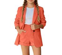 Girls Two Piece Button Down Long Sleeve Short Formal Outfit with Tailored Fit, Soft Stretch Fabric for Church Wedding Party, Ages 3-12 (Orange, 3-4 Years)