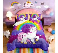 Girls Unicorn Comforter Set Twin Girls Bedding Set Cute Rainbow Unicorn Print Down Comforter Kids Cartoon Kawaii Duvet Set Galaxy Stars Fantasy Girls Room Decor Children Unicorn Reversible Purple