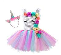Girls Unicorn Princess Rainbow-colored Tutu Dress for Girls Birthday Party, Halloween,Carnival,Christmas Unicorn Costume, Super Stretchy Adorable Pastal Unicorn Dress 8-9Years(130cm-140cm)