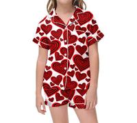 Girls Valentine's Day Printed Short Sleeve Top and Shorts Set with Cute Button Design for Cozy Home Wear Love Heart Outfits Kids Baby Clothes Girl Valentines