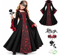 Girls Vampire Costume Medieval Gothic Royal Vampiress Long Dress | 5Pcs Victorian Halloween Vampire Costume Gown Girl Long Sleeve Dress With Lace Mask Outdoor Party Trick Or Treating Outfit