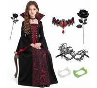 Girls Vampire Costume, Vampire Costume Kids, Halloween Outfit Scary Medieval Gothic Royal Vampiress Long Dress Victorian Gown Girl Long Sleeve Dress with Mask Outdoor Party Carnival Cosplay