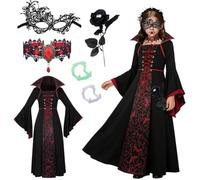 Girls Vampire Queen Costume Set Gothic Witch Long Dress with Flared Sleeves Stand Collar Halloween Fancy Dress Outfit with Lace Mask Choker Black Rose Fangs for School Stage Play Masquerade Cosplay