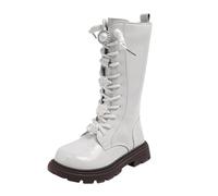 Girls Vegan Leather Mid Calf Lace Up Riding Boots with Side Zippers, Thick Sole, Non-Slip, Girls Fashion Knee-High Combat Punk Goth Boots Kids School Shoes 4-12 Years (1-White, 13 Little Child)