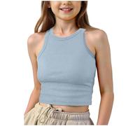Girls Vests Ribbed Crop Kids Top Ribbed Knit Sleeveless Round Neck Sleeveless Basic Cropped Top Plain Stretchy Sports Vest Breathable Tanks Girls Undershirts Summer Children (b-Sky Blue, 11-12 Years)