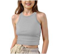 Girls Vests Ribbed Crop Kids Top Ribbed Knit Sleeveless Round Neck Sleeveless Basic Cropped Top Plain Stretchy Sports Vest Breathable Tanks Girls Undershirts Summer Children (a-Grey, 9-10 Years)