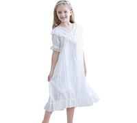 Girls Victorian Nightgown, Kids Toddler Sleep Dress Princess Nightwear for Girl 3-12 Year White