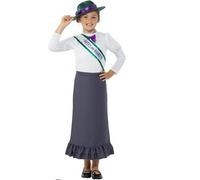 Smiffys Victorian Suffragette Costume, Grey with Skirt, Attached Blouse, Sash & Hat, Girls Fancy Dress, Child Dress Up Costumes