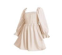 Girls Vintage Dress Summer Chiffon Ruffle Dress Square Neck Lantern Sleeve Short Dresses Tulle Smocked Dresses Square Neck Sleeve Ruffled Big Swing Clothes (Beige, 10-11 Years)