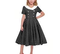 Girls Vintage Dresses 50S 60S Retro Rockabilly Swing Sailor Dress Polka Dot Lapel V-Neck School Performance Uniform Party Tea Princess Dresses #01Black 12-13 Years