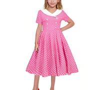 Girls Vintage Dresses 50S 60S Retro Rockabilly Swing Sailor Dress Polka Dot Lapel V-Neck School Performance Uniform Party Tea Princess Dresses #01Hot Pink 5-6 Years